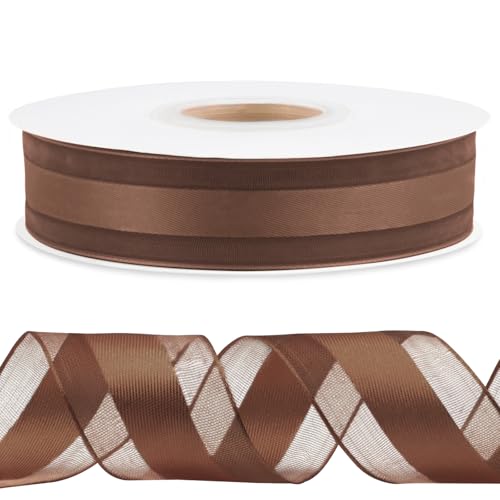 CAMAL Satinband 2,5cm Schleifenband Goldschnitt Tüll 45m Ribbon Tüllstoff Seidenband Dekoband zum Basteln, Hochzeitsdeko, Blumensträuße, Geschenkverpackung (Kaffee) von CAMAL