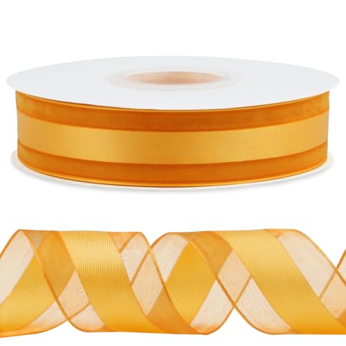 CAMAL Satinband 2,5cm Schleifenband Goldschnitt Tüll 45m Ribbon Tüllstoff Seidenband Dekoband zum Basteln, Hochzeitsdeko, Blumensträuße, Geschenkverpackung (Orange) von CAMAL