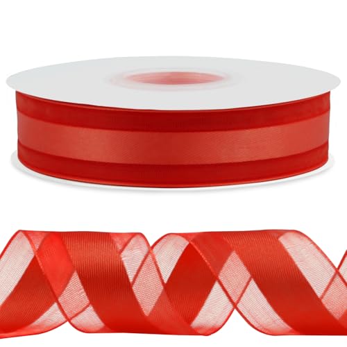 CAMAL Satinband 2,5cm Schleifenband Goldschnitt Tüll 45m Ribbon Tüllstoff Seidenband Dekoband zum Basteln, Hochzeitsdeko, Blumensträuße, Geschenkverpackung (Rot) von CAMAL