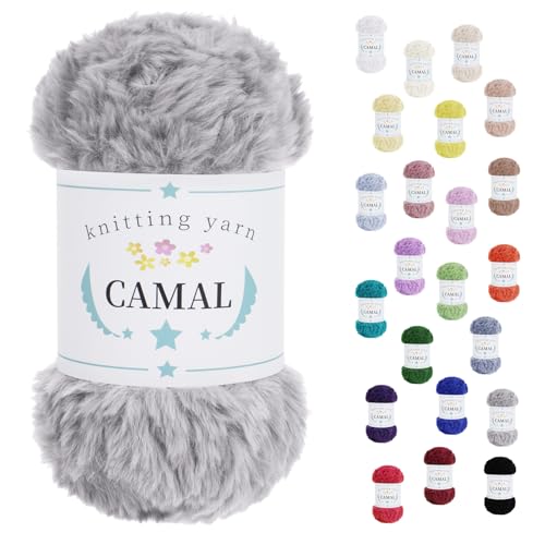 CAMAL Weiches Kunstfellgarn zum Häkeln von Decken, 60 Yards Chunky Velvet Wimperngarn zum Stricken von Mützen, 100 Gramm Fuzzy Bulky Fur Garn zum Häkeln von Ohrenschützern, Puppen (Hellgrau) von CAMAL