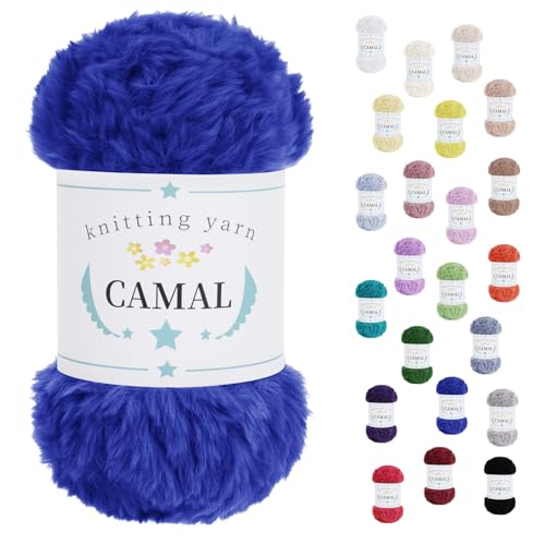 CAMAL Weiches Kunstfellgarn zum Häkeln von Decken, 60 Yards Chunky Velvet Wimperngarn zum Stricken von Mützen, 100 Gramm Fuzzy Bulky Fur Garn zum Häkeln von Ohrenschützern, Puppen (Königsblau) von CAMAL