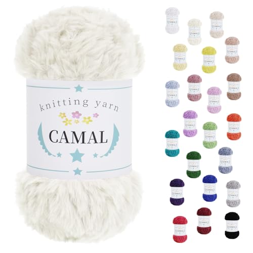 CAMAL Weiches Kunstfellgarn zum Häkeln von Decken, 60 Yards Chunky Velvet Wimperngarn zum Stricken von Mützen, 100 Gramm Fuzzy Bulky Fur Garn zum Häkeln von Ohrenschützern, Puppen (Milchweiß) von CAMAL