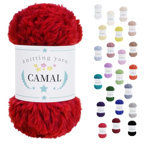 CAMAL Flauschige Wolle zum Häkeln Flauschig Schal Fluffy Plüschwolle 100g / 60m Weiche Fransengarn Chunky Wolle Kuschelwolle zum Stricken Mütze, Ohrenschützer, Puppen (Rot) von CAMAL