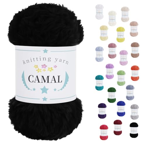 CAMAL Weiches Kunstfellgarn zum Häkeln von Decken, 60 Yards Chunky Velvet Wimperngarn zum Stricken von Mützen, 100 Gramm Fuzzy Bulky Fur Garn zum Häkeln von Ohrenschützern, Puppen (Schwarz) von CAMAL