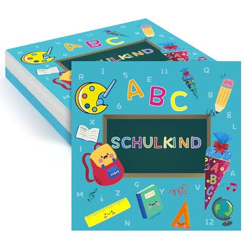 20 Servietten für Schuleinführung Schulanfang Einschulung Deko mit Schulkind Bunten ABC Zuckertüte 1 + 2 = 3 Tafel Rucksack Motiv Schuleinführung Partygeschirr Tischdeko für Schule Jungs Mädchen von CANCJ