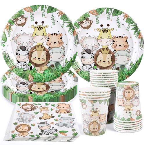 CANCJ 50 Teile Dschungel Tiere Partygeschirr Set,Einweggeschirr Set für 10 Gäste Papier Teller Tassen Servietten Kindergeburtstag Wild One Geburtstag Deko Partyzubehör Babyparty Junge Mädchen Set von CANCJ