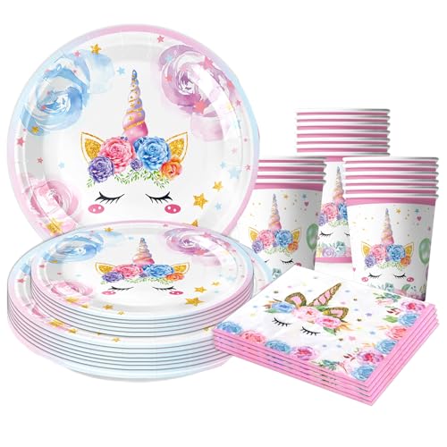 50 Teile Einhorn Partygeschirr Set,Einhorn Geburtstag Geschirr Party Deko mit Papier Teller Becher Servietten für Party Kindergeburtstag Einhorn Partyzubehör Dekoration Set Junge Mädchen von CANCJ