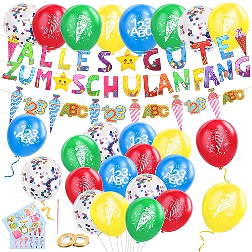 Einschulung Deko,Schulkind Deko Einschulungsdeko Junge Mädchen,Schuleinführung Deko Schulanfang Deko,Schulkind Girlande,Luftballon mit ABC,123 Motiv für Jungen Mädchen,Aufkleber Einschulung,Bunte von CANCJ