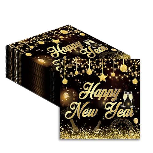 Silvester Servietten 2025,40 Stück Happy New Year Servietten Schwarz Gold Silvester Neujahr Deko mit Goldmetallischer Aufschrift,Silvesterdeko Napkins Deko Tischdeko für Neujahr Party Dekoration von CANCJ