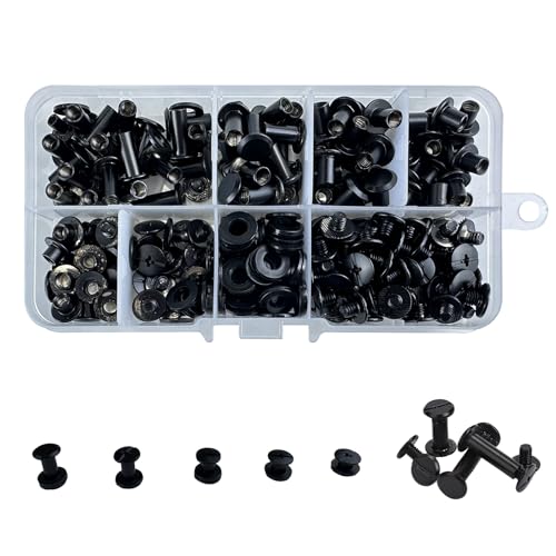 100 Satz Gürtelschrauben Schwarz,Chicago Buchschrauben M5* 4/6/8/10/12mm Binding Schrauben kit 5 Größen Schraube Metallzubehör Nägel Nieten Chicago Button für Ledergürtel DIY Leder von CANGCANG