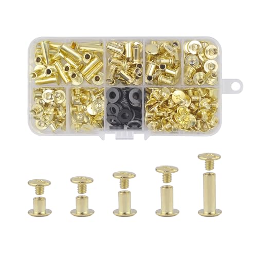 CANGCANG 100 Satz Chicago Buchschrauben 4/6/8/10/12mm Binding Schrauben kit 5 Größen Schraube Metallzubehör Nägel Nieten Chicago Button für Ledergürtel DIY Leder Dekoration (Gold) von CANGCANG