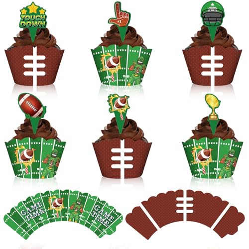 24 Stück Fußball-Cupcake-Topper, Fußball-Cupcake-Förmchen, Geschenkzubehör, Fußball-Kuchenaufsätze, Fußball-Kuchendekorationen, Sport-Kuchenaufsatz-Dekor für Fußball-Mottopartys oder Geburtstagsfeiern von CANIPHA