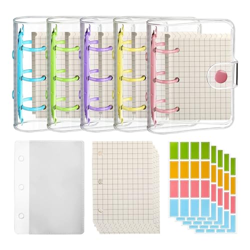 5 Sets kleines Notizbuch mit 3 Ringen, PVC-Einband, kariertes Papier, farbige Etiketten, Kartentasche von CANNXI