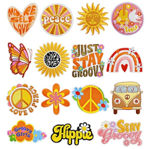 17 Stück Hippie Flicken Bügeln auf Vintage Patches Groovy Boho Peace-Zeichen gestickt Reparatur Decoractive Patches Kit zum Aufnähen von Kleidung von CANRNYACBZ