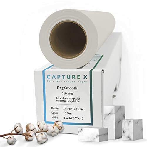 CAPTURE X Rag Smooth, 310g/m², 17 Zoll Rolle, 432 mm x 15 m - glatte Portraitoberfläche - 100% Baumwolle - Fine Art Paper von CAPTURE X