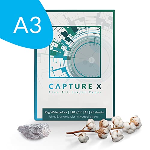 CAPTURE X Rag Watercolour, 310g/m², A3, 25 Blatt Box - Aquarell Struktur - 100% Baumwolle - Fine Art Paper von CAPTURE X