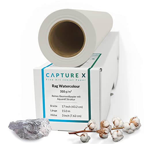 CAPTURE X Rag Watercolour 310 g/m², 17 Zoll Rolle, 432 mm x 15 m - natürliche Struktur - Inkjet Fine Art Paper (17 inch) von CAPTURE X