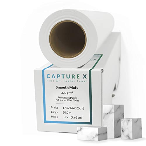 CAPTURE X Smooth Matt, 230g/m², 17 Zoll Rolle, 432 mm x 30 m - reinweiß, glatt - Fine Art Paper von CAPTURE X