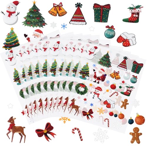 CAREDGO 10 Bogen Weihnachtsaufkleber Glitzer Sticker Weihnachten Weihnachtssticker Selbstklebend Sterne Schneeflocken Weihnachtsbaum Aufkleber Weihnachten Deko Sticker für Geschenke Umschlag von CAREDGO