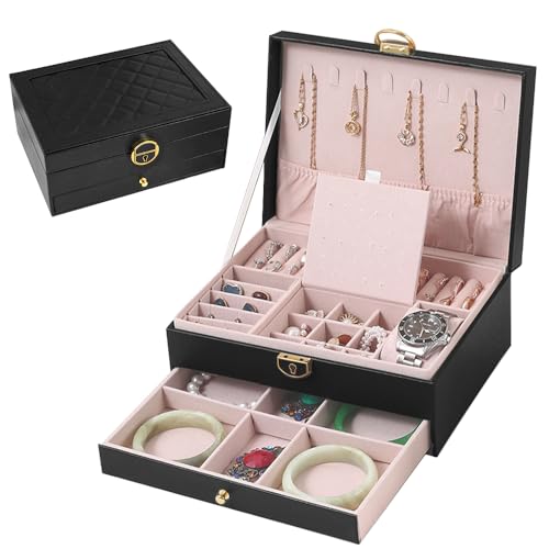 CAREDGO Schmuckkästchen PU, Schmuckschatulle Schmuckbox Vintage Doppelschicht Schmuckkoffer mit Schloss Schmuckaufbewahrung Jewelry Organizer Schmuckkasten zur Aufbewahrung, 23 * 17 * 10cm von CAREDGO