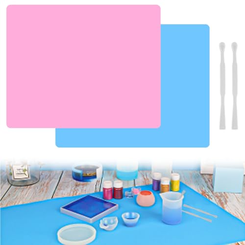 CAREDGO Silikonmatte 50cm *40cm, 2Pcs Malmatte Silikon Unterlage Antirutsch Tischunterlage mit Rührstab Backunterlage zum Basteln Malunterlage Bastelunterlage für Epoxidharz, DIY, Blau, Rosa von CAREDGO