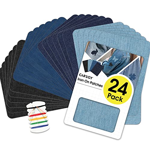 CAREGY Aufnäher zum Aufbügeln für Kleidungsreparatur, Baumwollflicken zum Aufbügeln, 4 Farbtöne, Jeans-Flicken, Reparatur-Set, 24 Stück, zum Aufbügeln, Größe 7,6 x 10,8 cm von CAREGY