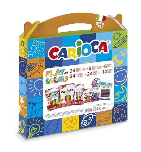 Carioca Play with Colours | Kunststoffetui mit 18 Buntstiften, 24 Filzstiften mit feiner Spitze, 6 Filzstiften mit Dicker Spitze, 24 Wachsmalstiften, 12 Aquarellen und 6 Glitzerklebern, 90 Teile von Carioca