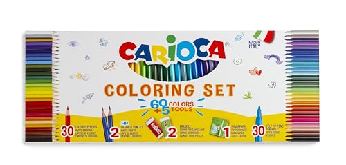 Carioca Coloring Set mit 65 Stück I 30 Filzstifte Joy und 30 Buntstifte Tita mit 2 HB-Graphitstiften, 2 Radiergummis und Spitzer mit Behälter von Carioca