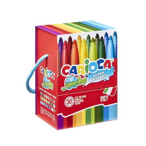 Carioca Filzstifte Jumbo Punta Maxi, Premium-Box mit Griff mit 30 Filzstiften mit hoher Abdeckung, verschiedene Farben, Spitze Ø 6 mm, 30 Stück von Carioca