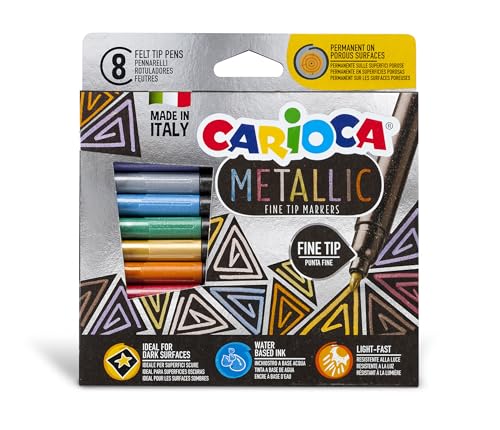 Carioca Metallic-Marker mit feiner Spitze, 8 Filzstifte mit Metallic-Finish für alle Oberflächen, auf Wasserbasis, Blockspitze, aus recyceltem Material von CARIOCA