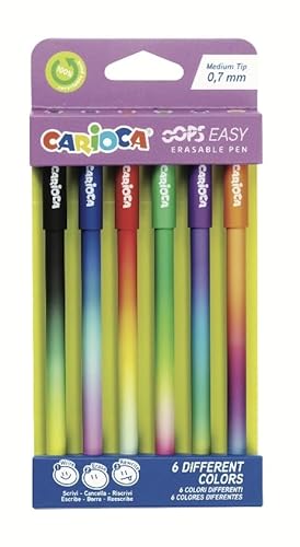 Carioca Oops Easy Radierbare Kugelschreiber, verschiedene Farben, Packung mit 6 löschbaren Kugelschreibern mit thermosensitiver Tinte, Farbverlauf, Spitze Ø 0,7 mm, 6 Stück von Carioca