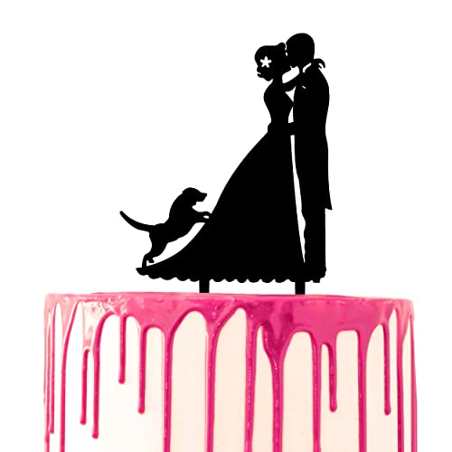 CARISPIBET Hochzeitstortendekoration, Bräutigam und Braut, die sich mit einem kleinen Hund an der Seite küssen, Acryl-Silhouette von CARISPIBET