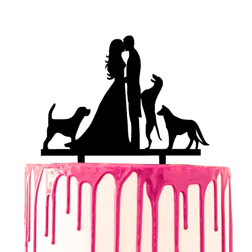 CARISPIBET Kuchendekoration Hochzeitstag Hochzeit Bräutigam & Braut mit drei Hunden an ihrer Seite Tierliebhaber Acryl-Silhouette von CARISPIBET