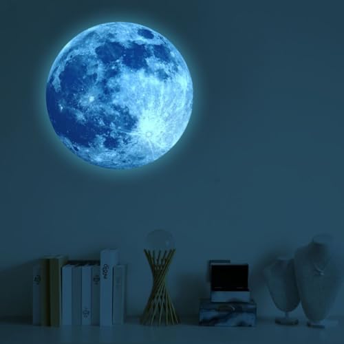 Leuchtender Mond Wandaufkleber, 30 cm, 3D großer Mond, fluoreszierender Wandaufkleber, DIY Kunst Handwerk Heimtextilien Wohnzimmer Schlafzimmer Dekoration (blau) von CARMOTTER