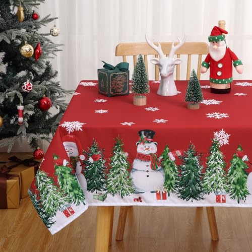 CAROMIO Tischdecke, Weihnachtstischdecke, abwischbar, Tischdekoration für Weihnachten, wasserdichte Tischdecke mit Schneemann, knitterfreie Tischdecke für Esszimmer, Rot, 137 x 200 cm von CAROMIO