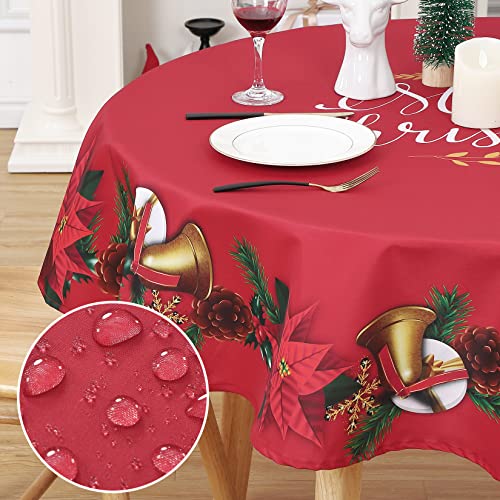 CAROMIO Tischdecke Rund, Abwaschbare Tischdecken Weihnachten Rot, Tischtuch Wasserabweisend aus Polyester mit Girlande Weihnachtsblume Tischwäsche für Festival Küche Picknick (152cm Durchmesser) von CAROMIO