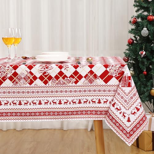 CAROMIO Tischdecke Weihnachten Abwaschbar Tischdekoration für Xmas Wasserabweisend Tischtuch mit Hirsch in Karo Muster Knitterfrei Tischdecke für Esszimmer Schmutzabweisend Tischtuch,Rot,137x200cm von CAROMIO