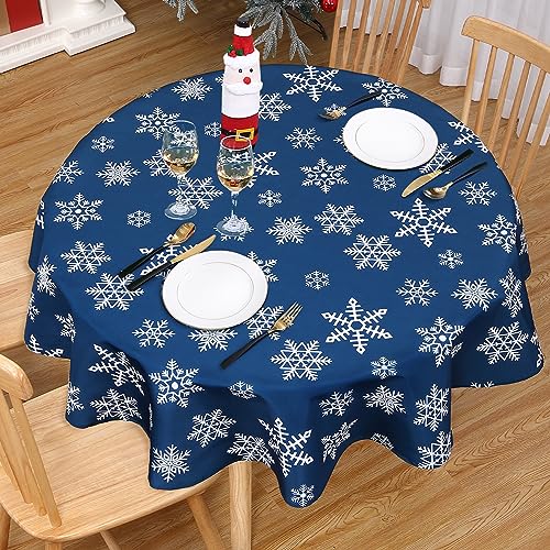 CAROMIO Tischdecke Weihnachten Blau Tischdecken Abwaschbar Wasserabweisend aus Polyester mit Schneeflocken Weihnachts Tischtuch für Festlich Tischdekoration, 152 x 152 cm Rund von CAROMIO