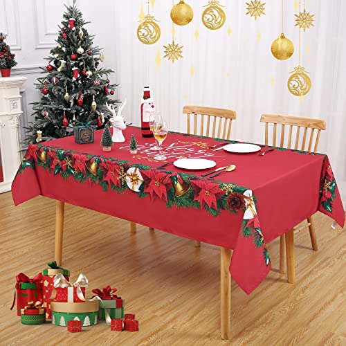 CAROMIO Tischdecke Weihnachten Tischdecke Abwaschbar Weihnachtstischdecke Wasserabweisende Tischdecken Klassisch Tischtuch mit Girlande Rote Blumenmuster Knitterfrei Tischwäsche für Party 137x228cm von CAROMIO