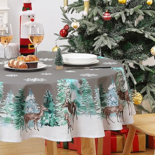 CAROMIO Tischdecke Weihnachten Tischdecke Rund, Wasserabweiseind Tischdecke mit Hirsh, Tischtuch Abwaschbar Tischdecke für Feiertag Dekoration,Rund Durchmesser 152cm,Grau von CAROMIO