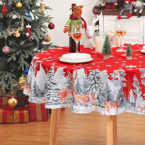 CAROMIO Tischdecke Weihnachten Tischdecke Rund, Wasserabweiseind Tischdecke mit Hirsh, Tischtuch Abwaschbar Tischdecke für Feiertag Dekoration,Rund Durchmesser 152cm,Rot von CAROMIO