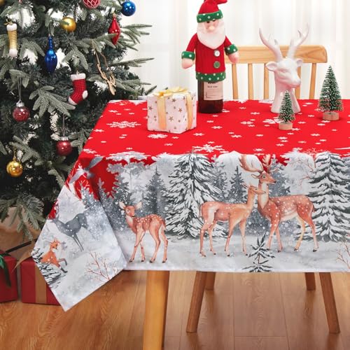 CAROMIO Tischdecke Weihnachten Tischwäsche abwaschbar Tischdecke mit Hirsh Wasserdicht Waschbar Tischtuch,Tafeldecke für Küche,137x274cm,Rot von CAROMIO