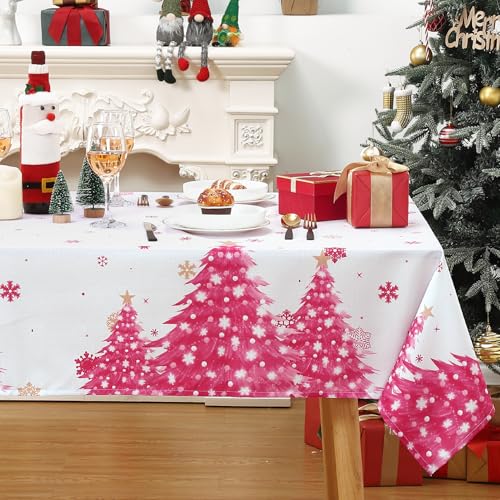 CAROMIO Tischdecke Weihnachtstafeldecke Abwaschbar Tischdekoration für Xmas Wasserabweisend Tischtuch mit Weihnachtsbaum Muster Tischdecke für Esszimmer Schmutzabweisend Tischtuch,Rosa,137x200cm von CAROMIO