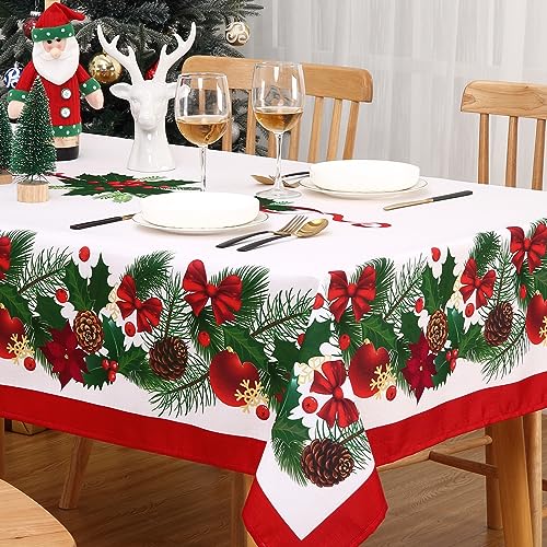 CAROMIO Weihnachtstischdecke aus weißem Stoff mit Weihnachtsstern, Schleifen, Stechpalmenbeeren, abwischbar, quadratisch, Tischdecke für den Winterurlaub, Weihnachten, Tischdekoration, 137 x 137 cm von CAROMIO