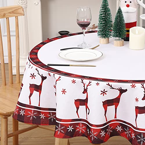 Rund Tischdecke Weihnachten Dekoration für Esszimmer Tischtuch Wasserabweisend Tischwäsche abwischbar Tischdecke mit Hirsch in Karo abwaschbare Tischedeke für Küche,Creme,152cm von CAROMIO