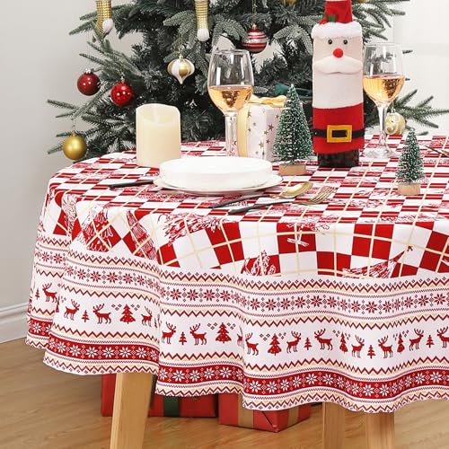 Rund Tischdecke Weihnachten Dekoration für Esszimmer Tischtuch Wasserabweisend Tischwäsche abwischbar Tischdecke mit Hirsch in Karo abwaschbare Tischedeke für Küche,Rot,152cm von CAROMIO