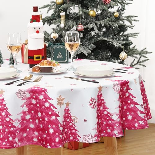 Rund Tischdecke Weihnachten Dekoration für Esszimmer Tischtuch Wasserabweisend Tischwäsche abwischbar Tischdecke mit Stern abwaschbare Tischedeke für Küche,Rosa Round,152cm von CAROMIO