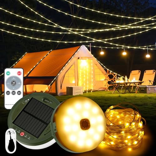 CAROOTU 3-in-1-Solar-Lichterkette für Camping, 12 m wasserdichte Lichterkette für den Außenbereich mit 8 Beleuchtungsmodi,3600 mAh über USB wiederaufladbare Solar-Campingleuchten von CAROOTU