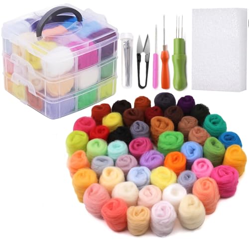 Nadelfilz Set,nadelfilz set für anfänger 40 Farben Filzwolle Basteln mit Filznadeln Grundwerkzeugen und Zubehör Wollfaser-Handspinnmaterial zum Basteln für,Nassfilzen und Trockenfilzen DIY Handwer von CARXB