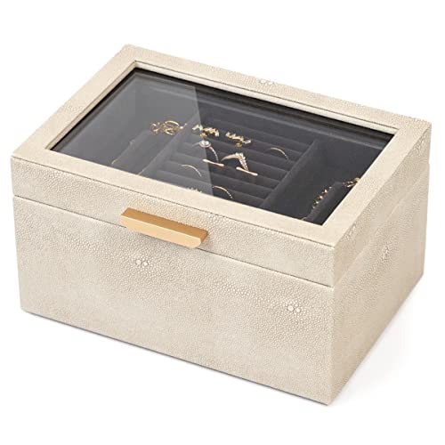 CASE ELEGANCE 3-stöckige Schmuckschatulle, Aufbewahrungs- und Vitrine für Armbänder, Ohrringe, Ringe, Halsketten, Zubehör-Organizer für Frauen, Mädchen, Ehefrau, Shagreen, veganes Leder –(Petite) von CASE ELEGANCE